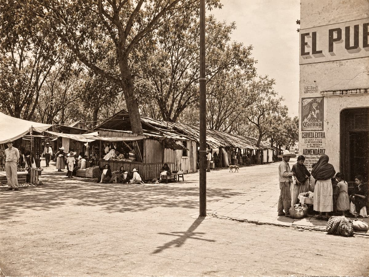 Fotografía antigua: Plaza Independencia, en la esquina formada por las calles Hidalgo e Independencia