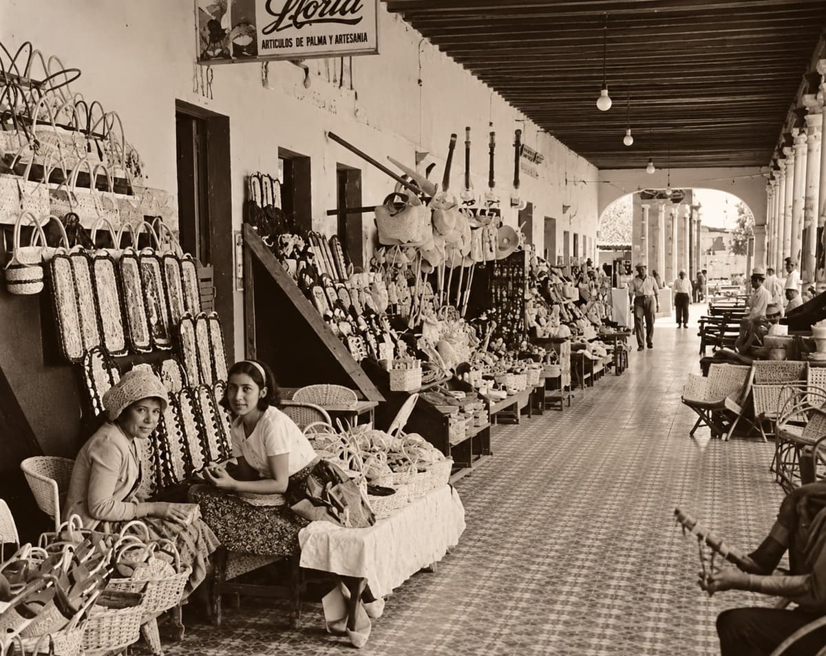 Fotografía antigua: Venta de artesanías bajo el Portal de Reyes