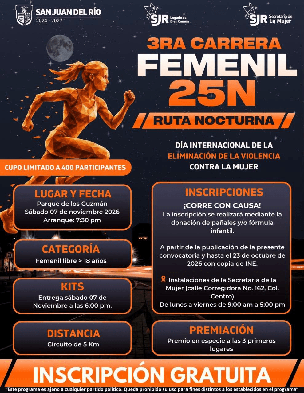 Cartel oficial: 3ra Carrera Femenil 25N · Ruta Nocturna 5K